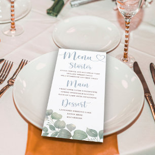 Menu Mariage Bleu au Feuillage Rustique d'Eucalyptus
