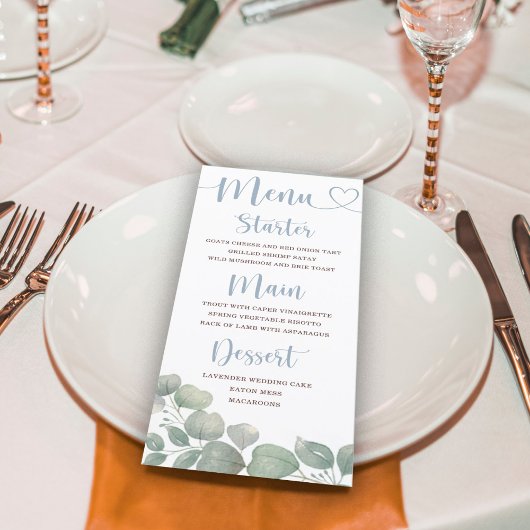 Menu Mariage Bleu au Feuillage Rustique d'Eucalyptus