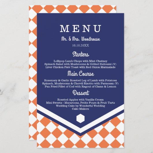 Menu Mariage bleu avec Motif orange À damiers (Devant / Derrière)
