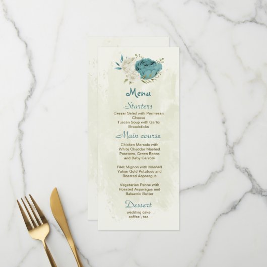 Menu mariage bleu blanc fleurs verdure (Devant/Arrière en situation)