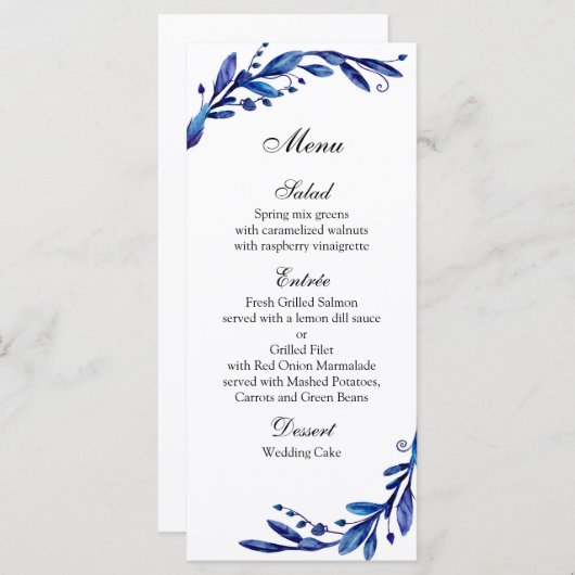 Menu mariage bleu botanique. Menu du dîner d'hiver (Devant / Derrière)