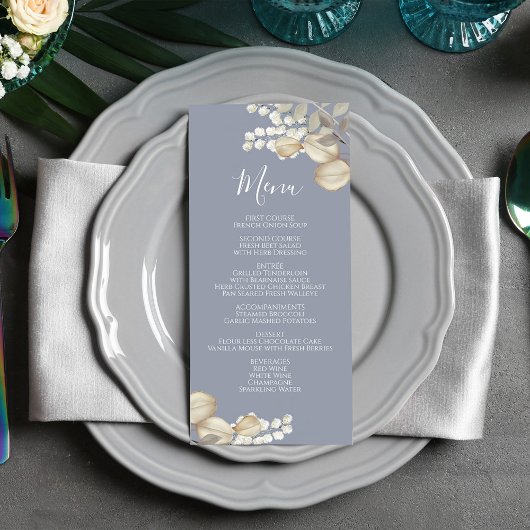 Menu Mariage bleu Calligraphie Floral