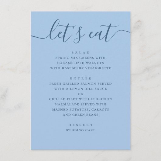 Menu Mariage Bleu ciel pastel. Dîner de réception, mang (Devant)