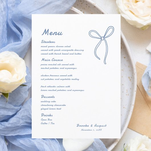 Menu Mariage Bleu de la main tiré