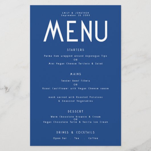 Menu Mariage bleu de texte simple Budget (Devant)