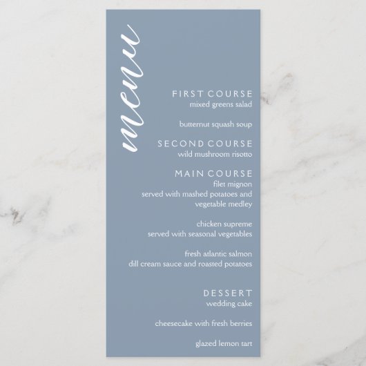 Menu Mariage bleu Dusty minimaliste (Devant)