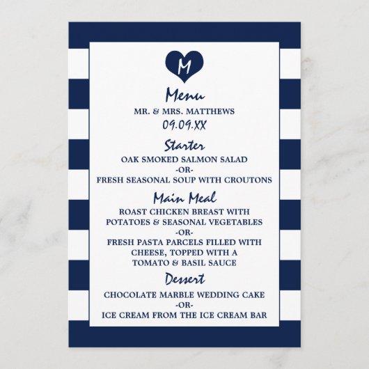 Menu Mariage bleu et blanc de la marine moderne (Devant)
