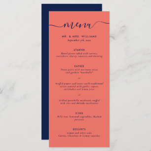 Menu Mariage bleu et corail de la marine moderne