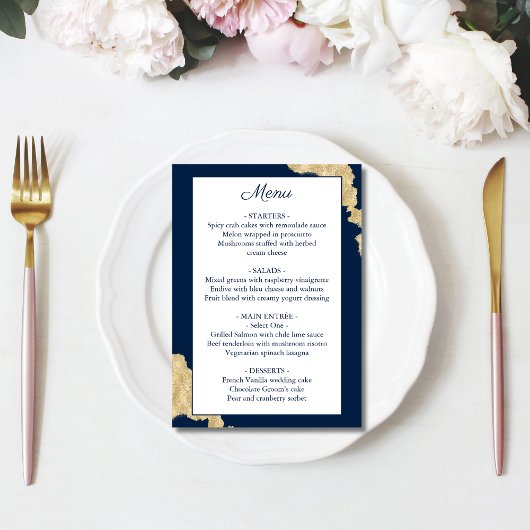 Menu Mariage bleu et or de la marine moderne