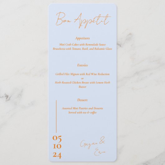 Menu Mariage bleu et orange foncé (Devant)