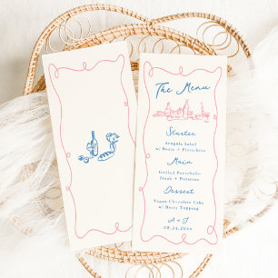Menu Mariage Bleu et Rose Dessiné à la Main de Manière