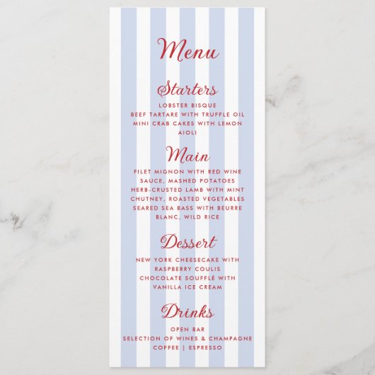 Menu Mariage bleu et rouge rayé (Devant)