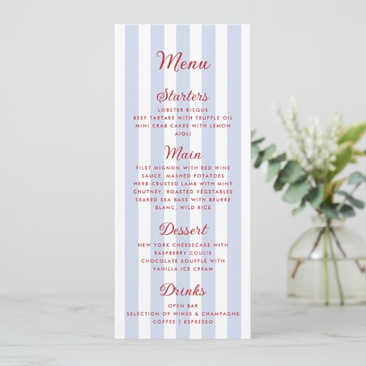 Menu Mariage bleu et rouge rayé (Debout devant)