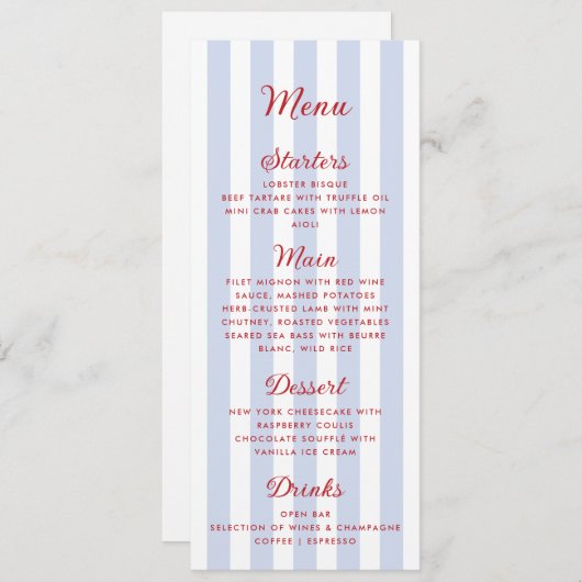 Menu Mariage bleu et rouge rayé (Devant / Derrière)