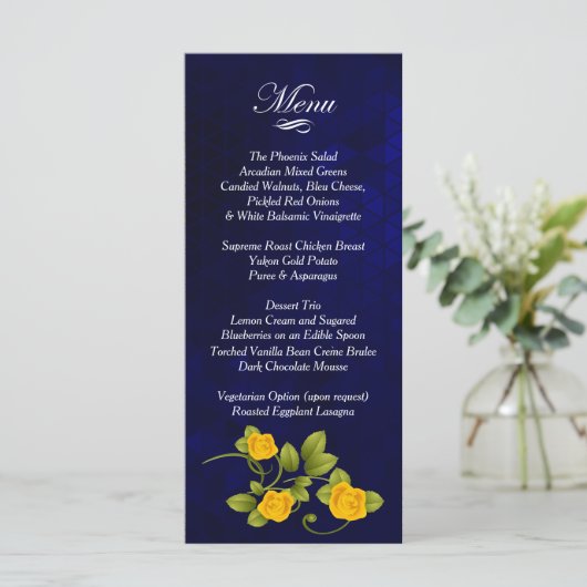 Menu Mariage bleu foncé et rose jaune (Debout devant)