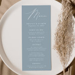 Menu Mariage bleu foncé moderne<br><div class="desc">Menu de mariage simple et élégant avec "Menu" affiché dans un script blanc moderne avec un arrière - plan bleu poussiéreux ou couleur de votre choix. Personnalisez le menu mariage bleu poussiéreux en ajoutant vos noms, votre date de mariage et vos informations de menu. Conçu pour coordonner avec notre collection...</div>