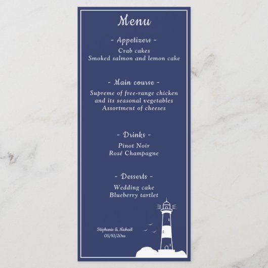 Menu Mariage bleu Lighthouse Navy (Devant)