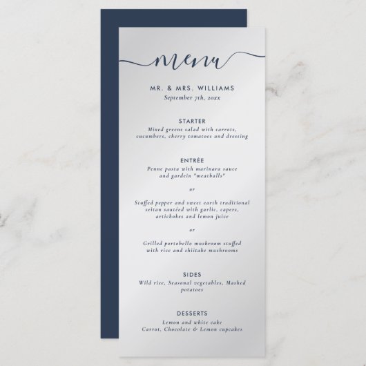 Menu Mariage bleu marine et argent (Devant / Derrière)
