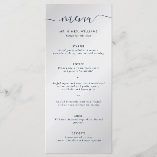 Menu Mariage bleu marine et argent (Devant)