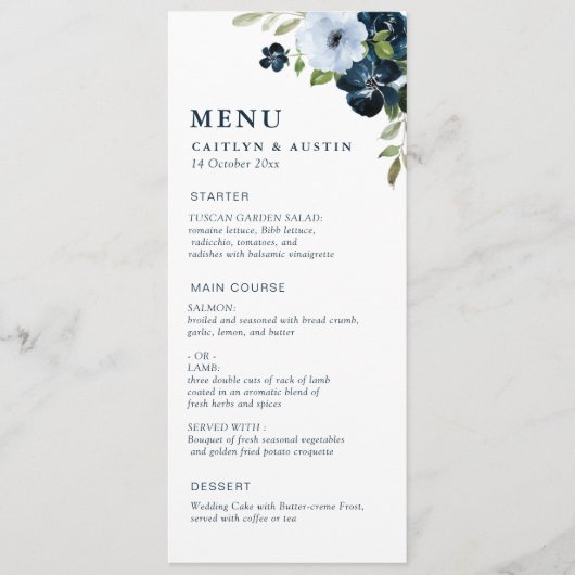Menu Mariage bleu marine et bleu poussiéreux (Devant)