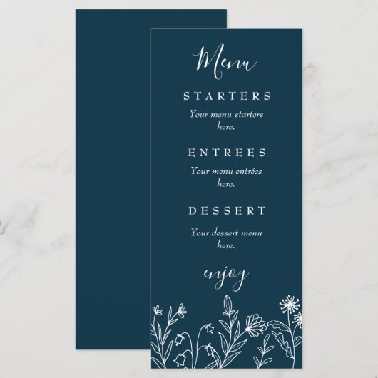 Menu Mariage bleu marine fleur sauvage Boho (Devant / Derrière)