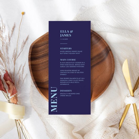 Menu Mariage bleu marine minimaliste moderne