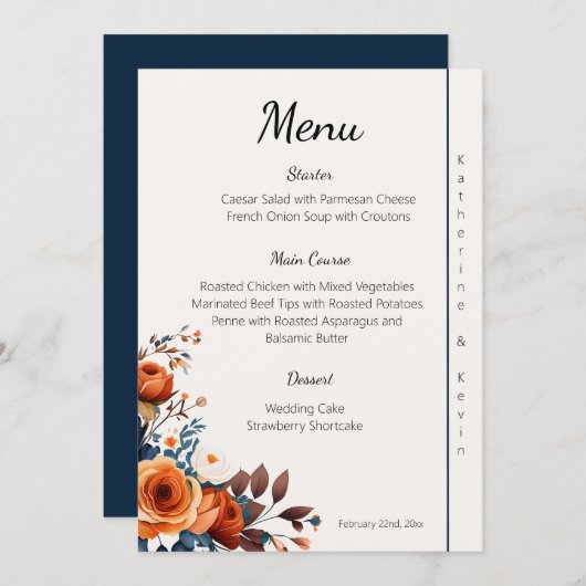Menu Mariage bleu marine moderne et orange brûlé (Devant / Derrière)
