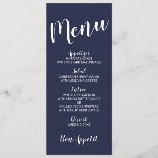 Menu Mariage bleu marine moderne Script marine (Devant)