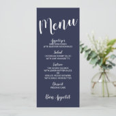 Menu Mariage bleu marine moderne Script marine (Debout devant)
