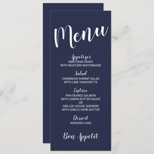 Menu Mariage bleu marine moderne Script marine (Devant / Derrière)