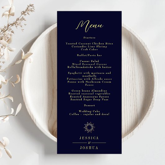 Menu Mariage bleu marine mystique céleste minimal