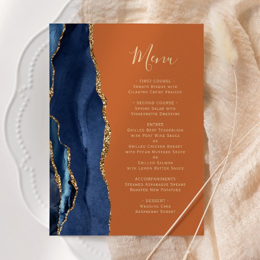 Menu Mariage bleu marine or orange brûlé