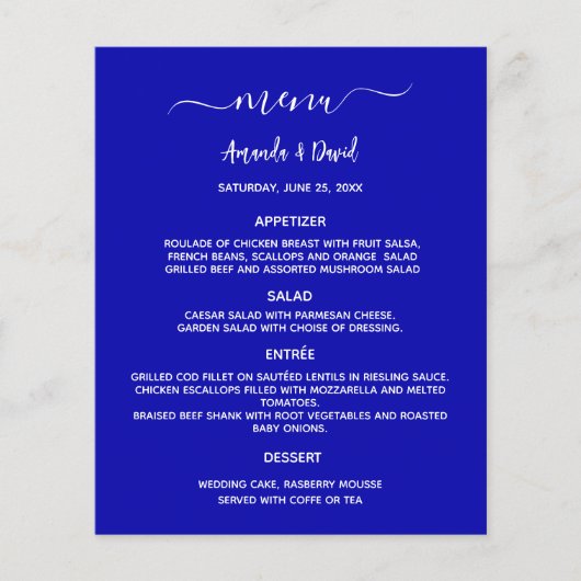 Menu mariage bleu royal blanc simple (Devant)