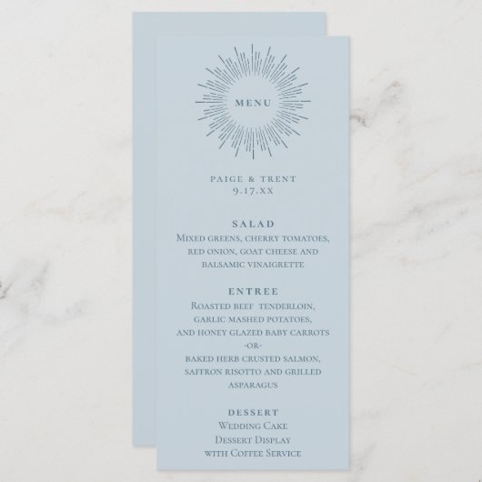 Menu Mariage bleu Sunburst Pastel moderne (Devant / Derrière)
