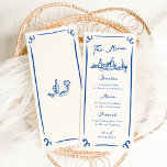 Menu Mariage Bleu Tiré À La Main Whimsical<br><div class="desc">Ce design adorable présente des éléments dessinés à la main et un texte fantaisiste en gras.</div>