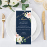 Menu Mariage Blue Gold Blush<br><div class="desc">Affichez votre délicieux menu sur ces jolies cartes - taille parfaite à placer sur chaque assiette! Ce design présente une jolie police de caractères et un beau bouquet. Modifiez facilement les produits alimentaires !</div>
