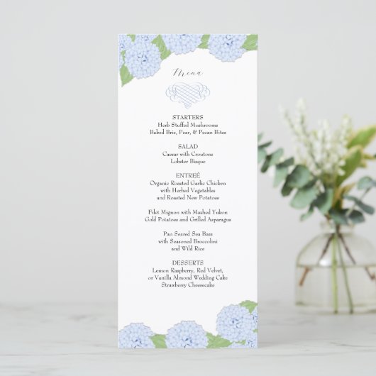 Menu Mariage Blue Hydrangea Watercolor (Debout devant)