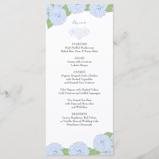 Menu Mariage Blue Hydrangea Watercolor (Devant)