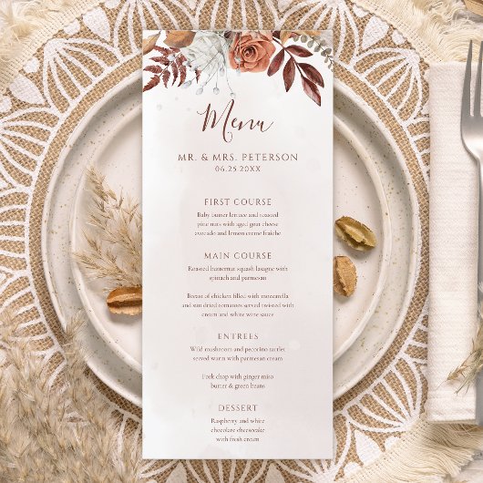 Menu Mariage Bohème Automnal Fleurs Terracotta Rouille