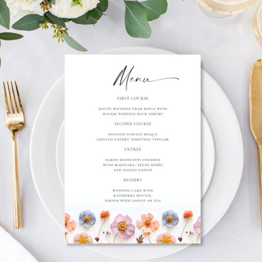 Menu Mariage bohème aux fleurs sauvages rose pastel élé