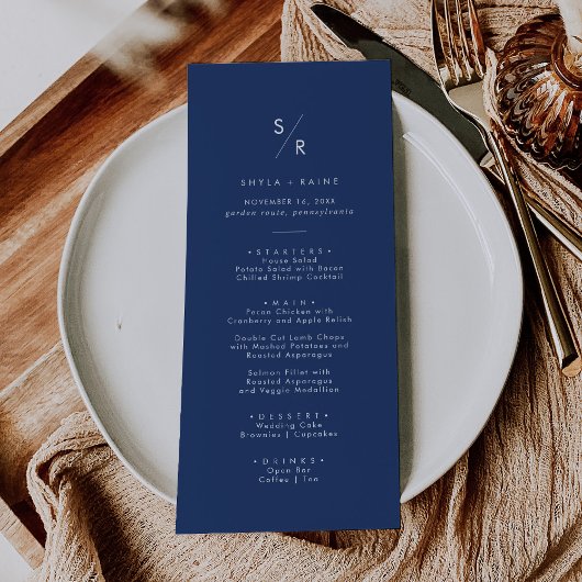 Menu Mariage Bohème Chic Bleu Royal Monogramme