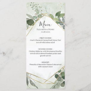 Menu Mariage bohème doré géométrique aquarelle verdure