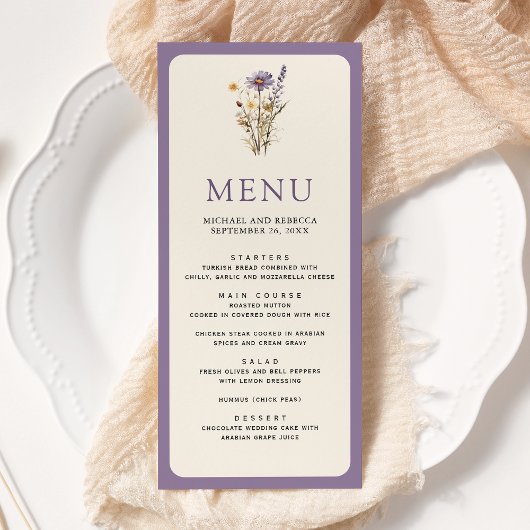 Menu Mariage Bohème Fleur Sauvage Violet Poussiéreux