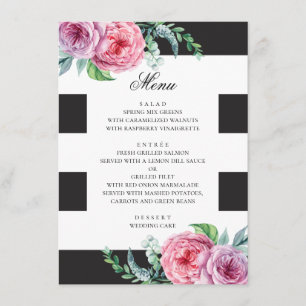 Menu Mariage bohème noir et blanc. Floral rose aquarell