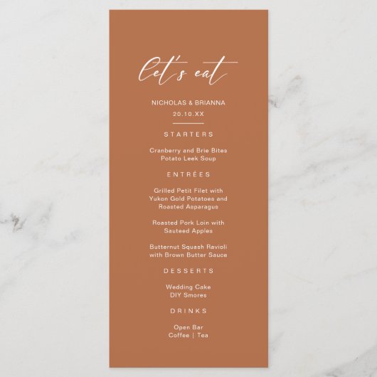 Menu Mariage Bohème Rustique Terracotta Orange Brûlé (Devant)