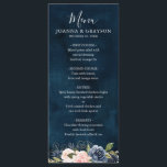 Menu Mariage Boho bleu bleu bleu rose bleu marine<br><div class="desc">Belle carte de menu mariage de boho fleuris avec des graphiques à florale d'aquarelle peinte à la main / roses dans les tons riches de bleu marine et rose rousse / pêche et charmante police de style de lettrage manuel. Veuillez me contacter pour toute aide sur la personnalisation ou si...</div>