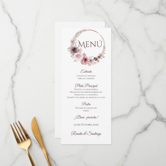 Menu Mariage Boho espagnol (Devant/Arrière en situation)
