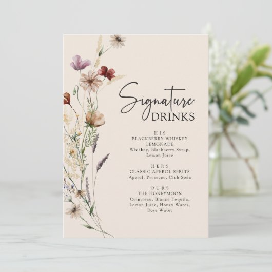 Menu Mariage Boho Fleur sauvage Boissons (Debout devant)