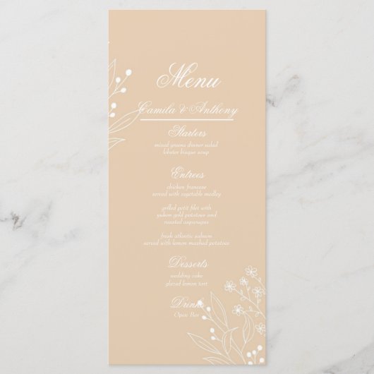 Menu Mariage Boho Floral Blanc Beige Corner (Devant)