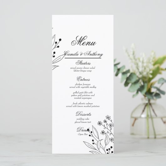 Menu Mariage Boho floral noir et blanc (Debout devant)